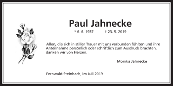 Traueranzeige von Paul Jahnecke von Giessener Allgemeine, Alsfelder Allgemeine