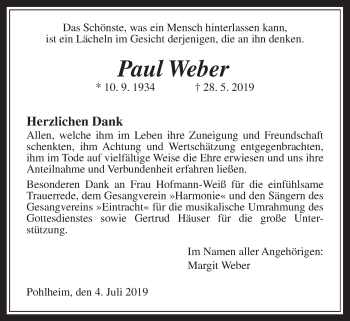 Traueranzeige von Paul Weber von Pohlheimer Nachrichten