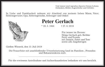 Traueranzeige von Peter Gerlach von Giessener Allgemeine, Alsfelder Allgemeine