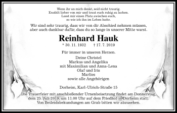 Traueranzeige von Reinhard Hauk von Wetterauer Zeitung