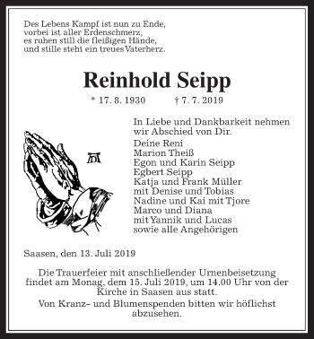 Traueranzeige von Reinhold Seipp von Giessener Allgemeine, Alsfelder Allgemeine