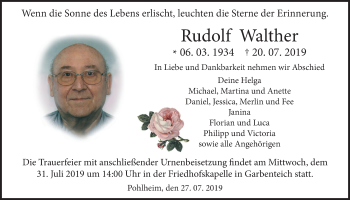 Traueranzeige von Rudolf Walther von Giessener Allgemeine, Alsfelder Allgemeine