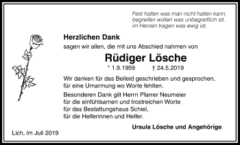 Traueranzeige von Rüdiger Lösch von Licher Wochenblatt