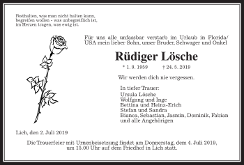 Traueranzeige von Rüdiger Lösche von Giessener Allgemeine, Alsfelder Allgemeine