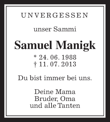 Traueranzeige von Samuel Manigk von Wetterauer Zeitung