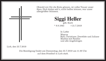 Traueranzeige von Siggi Heller von Giessener Allgemeine, Alsfelder Allgemeine