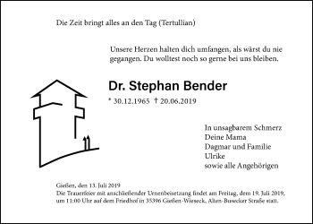 Traueranzeige von Stephan Bender von Giessener Allgemeine, Alsfelder Allgemeine