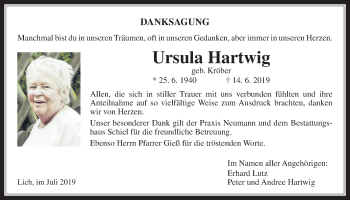 Traueranzeige von Ursula Hartwig von Licher Wochenblatt