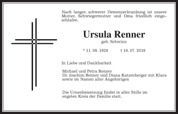 Traueranzeige von Ursula Renner von Wetterauer Zeitung
