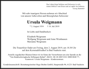 Traueranzeige von Ursula Weigmann von Wetterauer Zeitung
