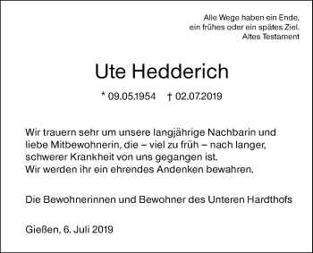 Traueranzeige von Ute Hedderich von Giessener Allgemeine, Alsfelder Allgemeine