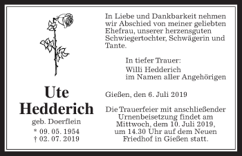Traueranzeige von Ute Hedderich von Giessener Allgemeine, Alsfelder Allgemeine