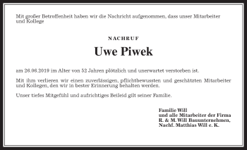 Traueranzeige von Uwe Piwek von Giessener Allgemeine, Alsfelder Allgemeine