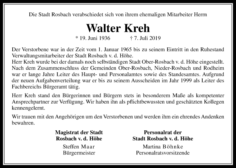  Traueranzeige für Walter Kreh vom 09.07.2019 aus Wetterauer Zeitung