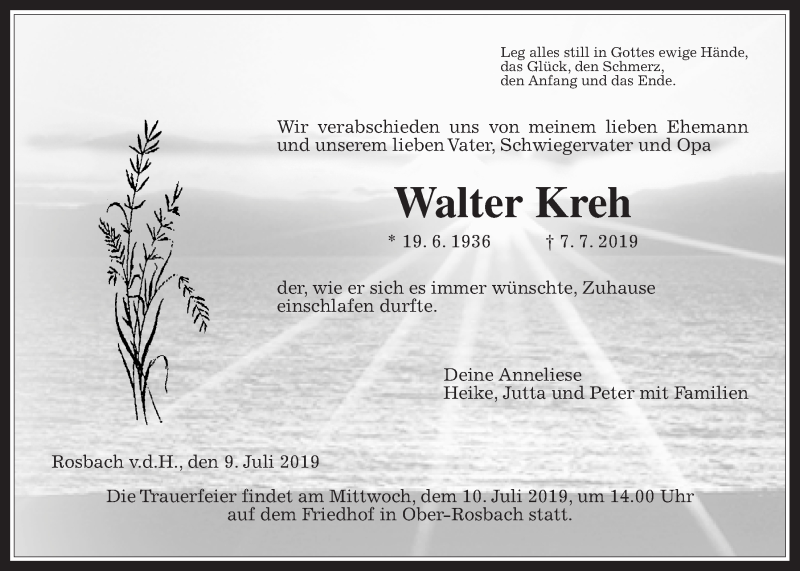  Traueranzeige für Walter Kreh vom 09.07.2019 aus Wetterauer Zeitung