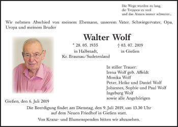 Traueranzeige von Walter Wolf von Giessener Allgemeine, Alsfelder Allgemeine