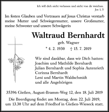 Traueranzeige von Waltraud Bernhardt von Giessener Allgemeine, Alsfelder Allgemeine