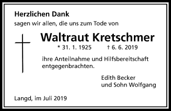 Traueranzeige von Waltraut Kretschmer von Licher Wochenblatt