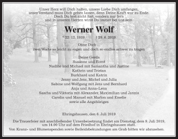 Traueranzeige von Werner Wolf von Alsfelder Allgemeine