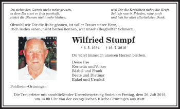 Traueranzeige von Wilfried Stumpf von Giessener Allgemeine, Alsfelder Allgemeine