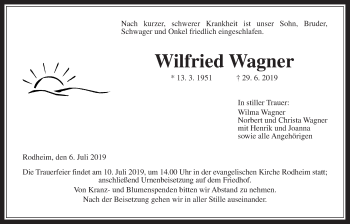 Traueranzeige von Wilfried Wagner von Giessener Allgemeine, Alsfelder Allgemeine