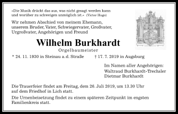 Traueranzeige von Wilhelm Burkhardt von Giessener Allgemeine, Alsfelder Allgemeine