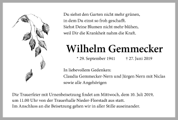 Traueranzeige von Wilhelm Gemmecker von Wetterauer Zeitung