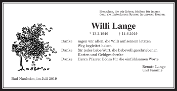 Traueranzeige von Willi Lange von Wetterauer Zeitung