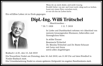 Traueranzeige von Willi Trütschel von Wetterauer Zeitung