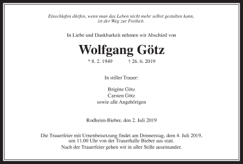 Traueranzeige von Wolfgang Götz von Giessener Allgemeine, Alsfelder Allgemeine