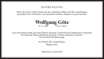 Traueranzeige von Wolfgang Götz von Giessener Allgemeine, Alsfelder Allgemeine