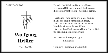Traueranzeige von Wolfgang Heßler von Giessener Allgemeine, Alsfelder Allgemeine