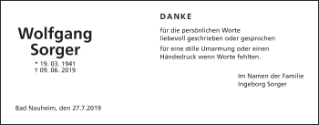 Traueranzeige von Wolfgang Sorger von Wetterauer Zeitung