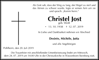 Traueranzeige von christel Jost von Giessener Allgemeine, Alsfelder Allgemeine