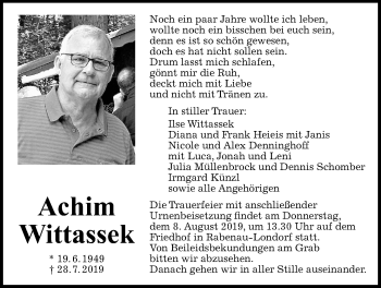 Traueranzeige von Achim Wittassek von Giessener Allgemeine, Alsfelder Allgemeine