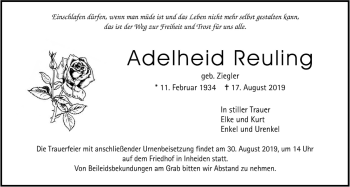 Traueranzeige von Adelheid Reuling von Licher Wochenblatt