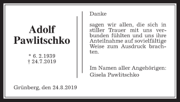 Traueranzeige von Adolf Pawlitschko von Giessener Allgemeine, Alsfelder Allgemeine