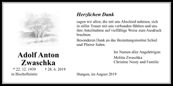 Traueranzeige von Adolf Anton Zwaschka von Licher Wochenblatt