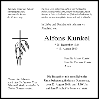 Traueranzeige von Alfons Kunkel von Wetterauer Zeitung