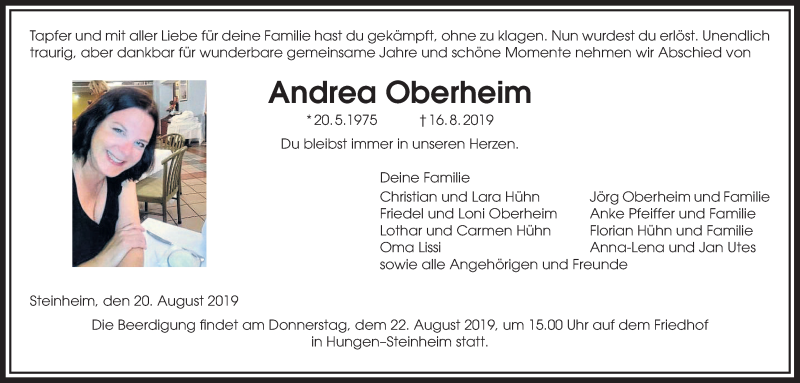  Traueranzeige für Andrea Oberheim vom 20.08.2019 aus Giessener Allgemeine, Alsfelder Allgemeine