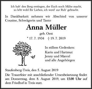 Traueranzeige von Anna Müller von Giessener Allgemeine, Alsfelder Allgemeine