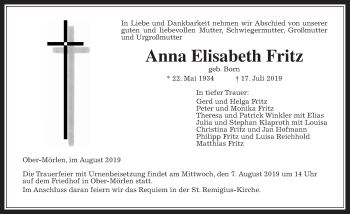 Traueranzeige von Anna Elisabeth Fritz von Wetterauer Zeitung