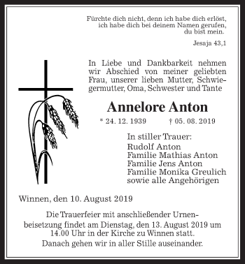 Traueranzeige von Annelore Anton von Giessener Allgemeine, Alsfelder Allgemeine