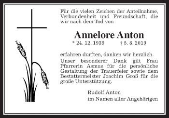 Traueranzeige von Annelore Anton von Allendorfer Mitteilungen