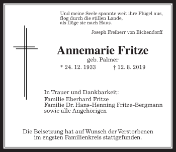 Traueranzeige von Annemarie Fritze von Allendorfer Mitteilungen