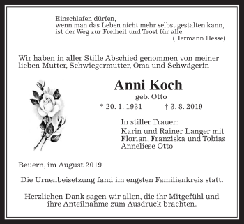 Traueranzeige von Anni Koch von Giessener Allgemeine, Alsfelder Allgemeine