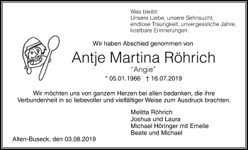 Traueranzeige von Antje Martina Röhrich von Giessener Allgemeine, Alsfelder Allgemeine