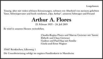 Traueranzeige von Arthur Flores von Giessener Allgemeine, Alsfelder Allgemeine