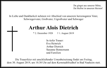 Traueranzeige von Arthur Alois Dietrich von Wetterauer Zeitung