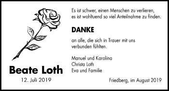 Traueranzeige von Beate Loth von Wetterauer Zeitung